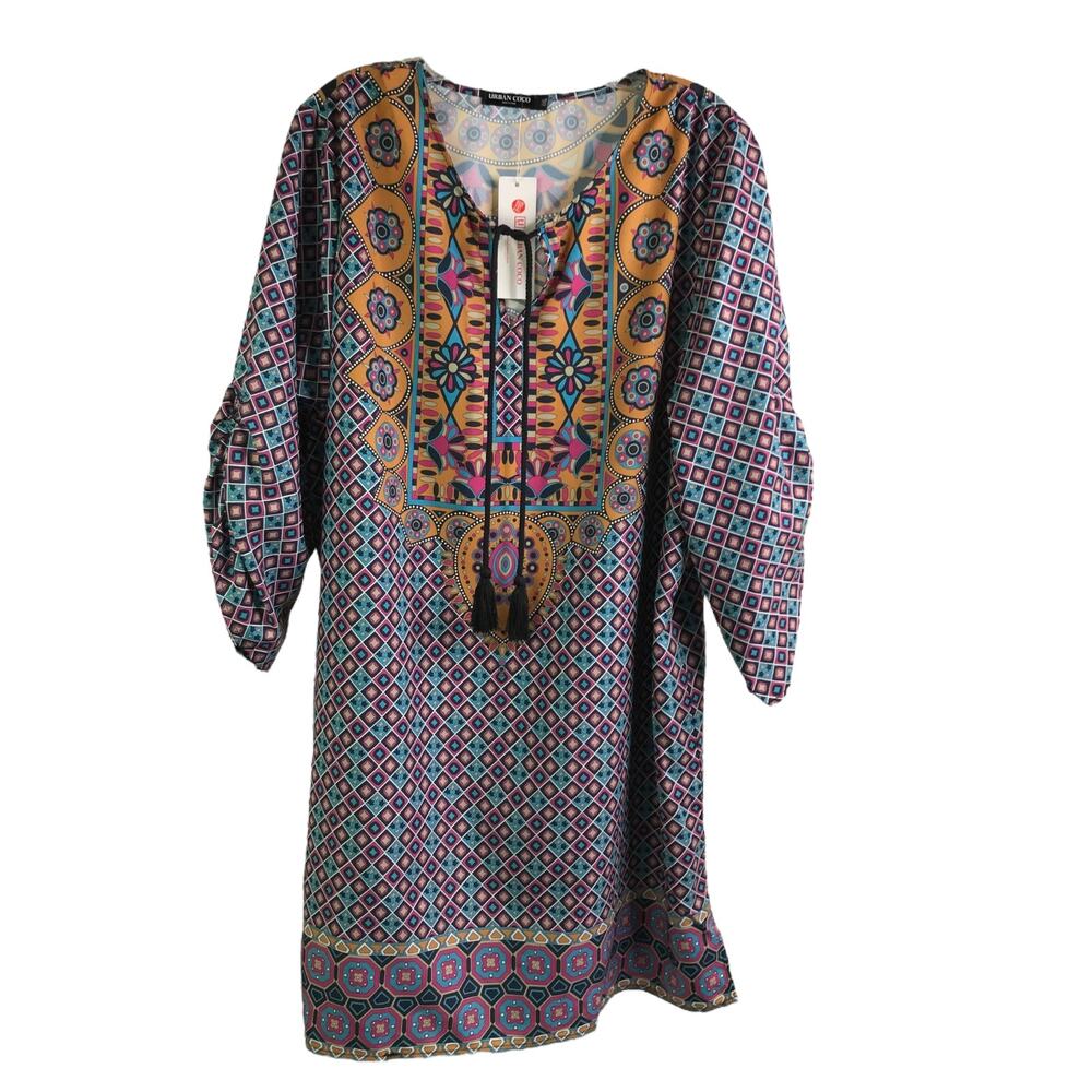 Urban Coco Swimsuit Cover-Up‎ Boho Womens XXL Gold Multi-Geo V-Neck Pullover NWT